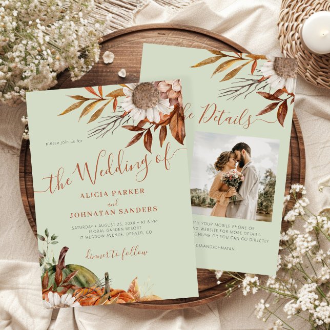 Autumn fall botanical sage green QR code wedding Invitation (Creator Uploaded)