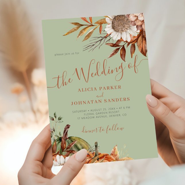 Autumn fall botanical sage green QR code wedding Invitation (Creator Uploaded)