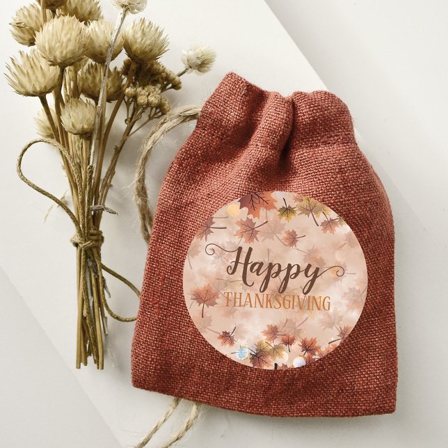 Autumn Fall Brown Leaves Happy Thanksgiving Classic Round Sticker (Creator Uploaded)