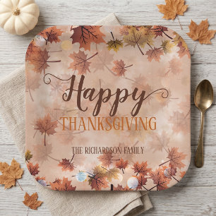 Autumn Fall Brown Leaves Happy Thanksgiving Paper Plate