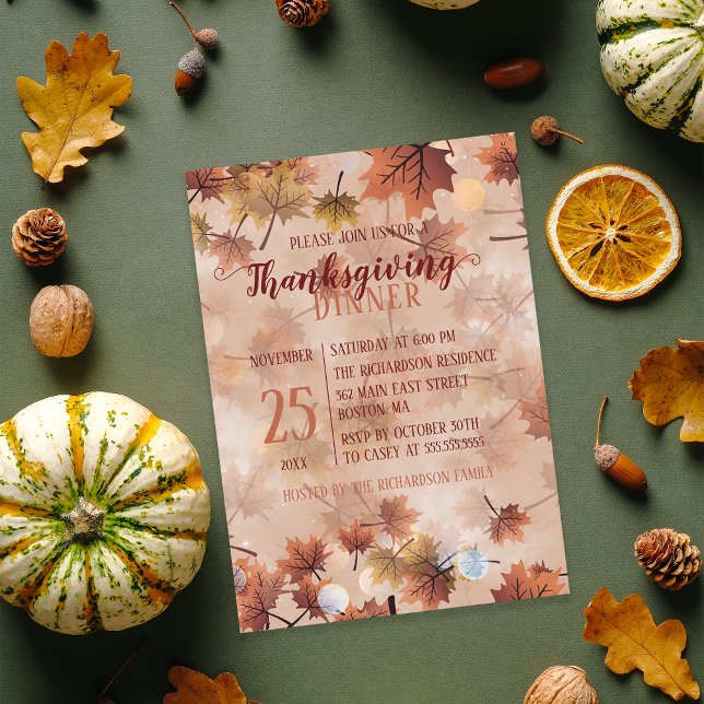 Autumn Fall Brown Leaves Thanksgiving Dinner Invitation (Creator Uploaded)