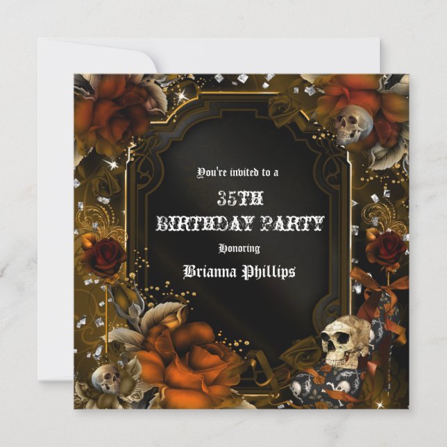 Autumn Fall Brown Roses Skulls Gothic Invitation (Front)