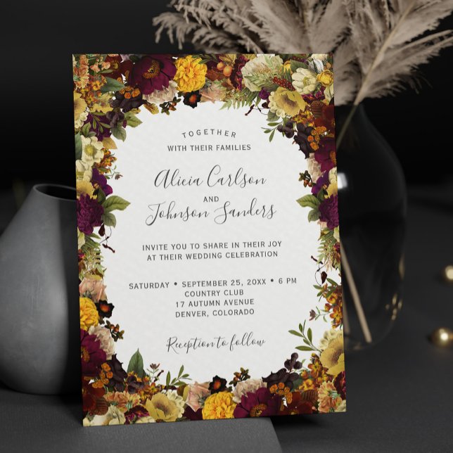 Autumn fall burgundy floral rustic chic wedding invitation (Creator Uploaded)
