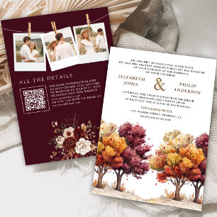 Autumn Fall Burgundy Trees Photo QR Code Wedding Invitation