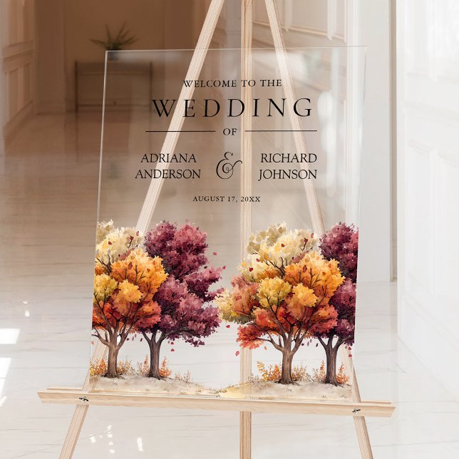 Autumn Fall Burgundy Trees Wedding Welcome Acrylic Sign (Creator Uploaded)