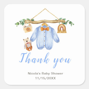 Autumn Fall Clothes Line Boy Baby Shower Square Sticker
