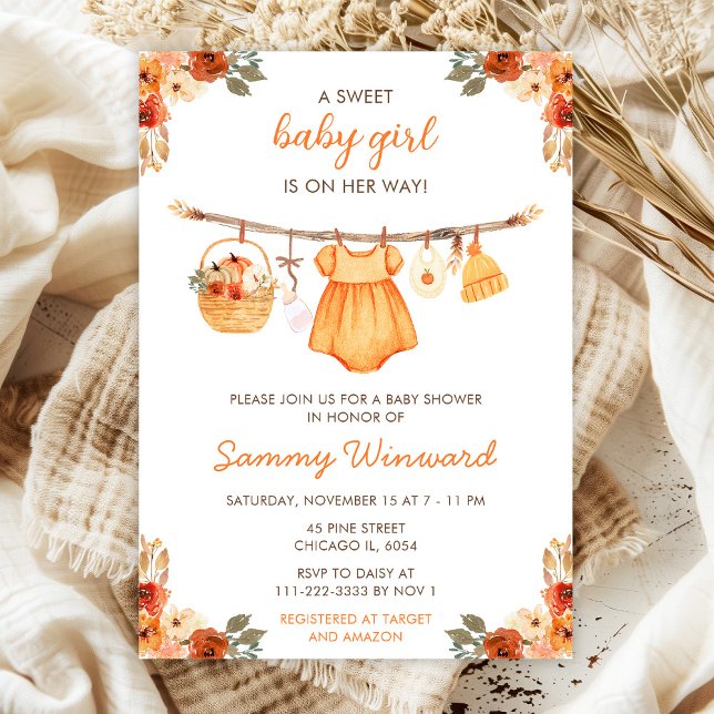Autumn Fall Clothes Line Girl Baby Shower Invitation (Creator Uploaded)