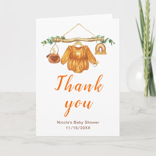 Autumn Fall Clothes Line Girl Baby Shower Thank You Card (Front)