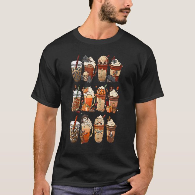 Autumn Fall Coffee Latte Cups Horrors & Ghost Hall T-Shirt (Front)