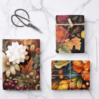 AUTUMN FALL COLORED LEAVES FLOWERS PUMPKINS WRAPPING PAPER SHEET