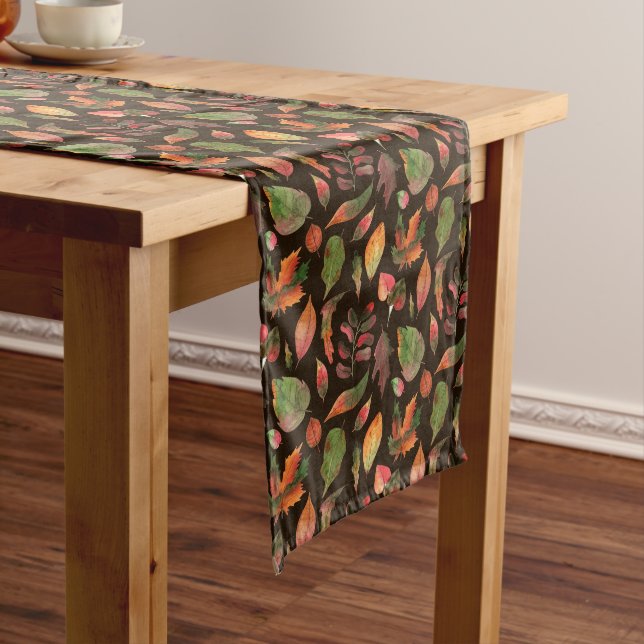 Autumn Fall Colourful Leaves 1 Chocolate Brown Long Table Runner (In Situ)