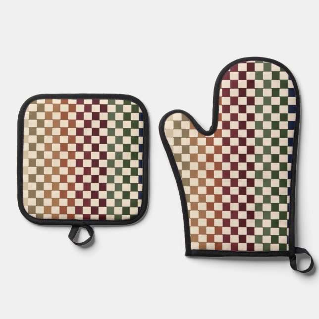 Autumn Fall Colours Retro Woven Loops Style Oven Mitt & Pot Holder Set (Front)