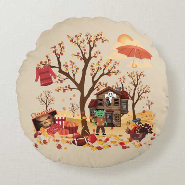 Autumn Fall Elements and Scenery Round Cushion (Front)