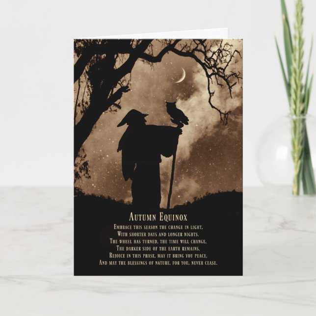 Autumn Fall Equinox Blessings Magician and Owl Card (Front)