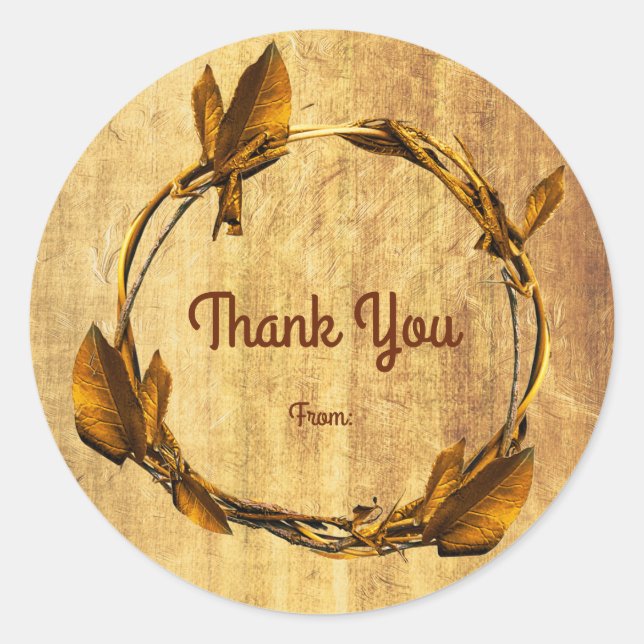 Autumn Fall Faux Gold Leaf & Stick Wreath Favour Classic Round Sticker (Front)