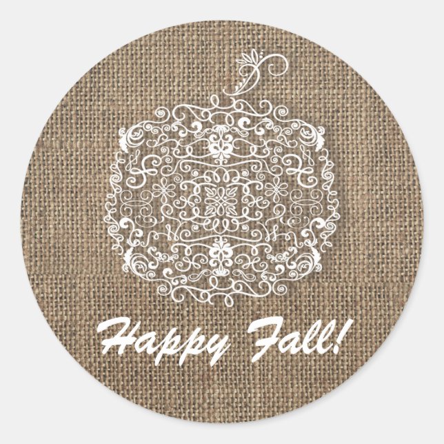 Autumn Fall Filigree Pumpkin & Burlap Favour Classic Round Sticker (Front)