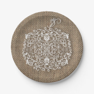 Autumn Fall Filigree Pumpkin & Burlap Party Paper Plate