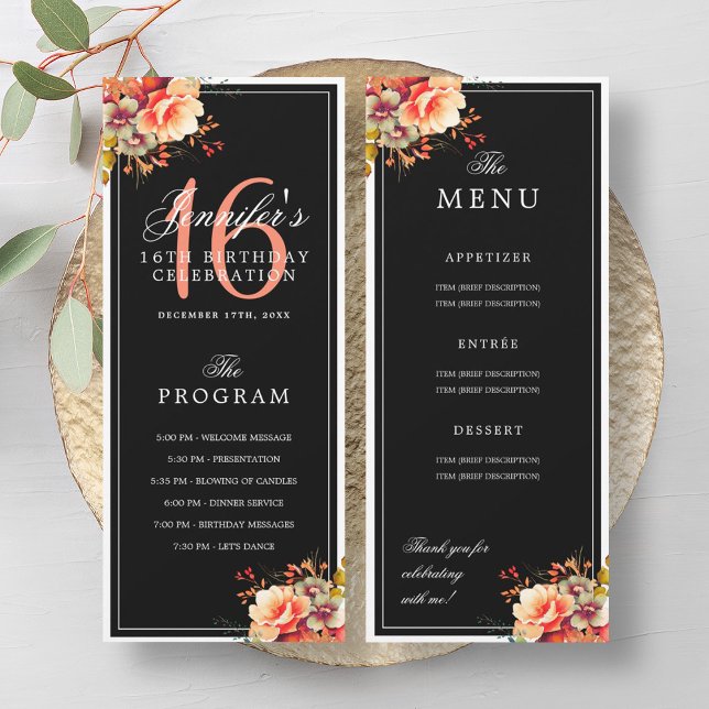 Autumn Fall Floral 16th Birthday Program Menu Blac Invitation (Autumn Fall Floral 16th Birthday Program Menu Blac)