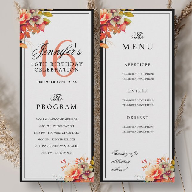 Autumn Fall Floral 16th Birthday Program Menu  Invitation (Autumn Fall Floral 16th Birthday Program Menu )