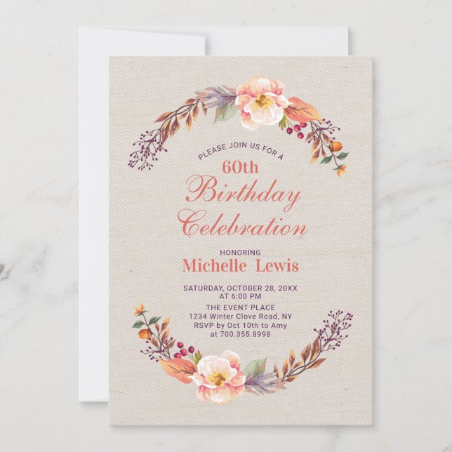 Autumn/Fall Floral 60th Birthday Party Invitation (Front)