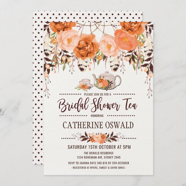 Autumn Fall Floral Boho Bridal Tea Party Invite (Front/Back)