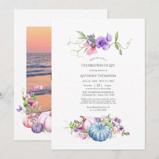 Autumn - Fall Floral Celebration of Life Photo Invitation (Front/Back)