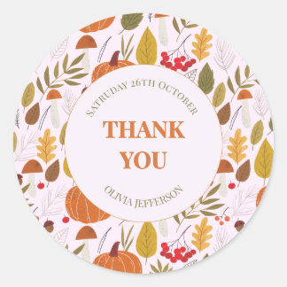 Autumn fall floral classic pink leaves pumpkins round sticker