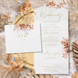 Autumn Fall Floral Gold Details RSVP Wedding All In One Invitation