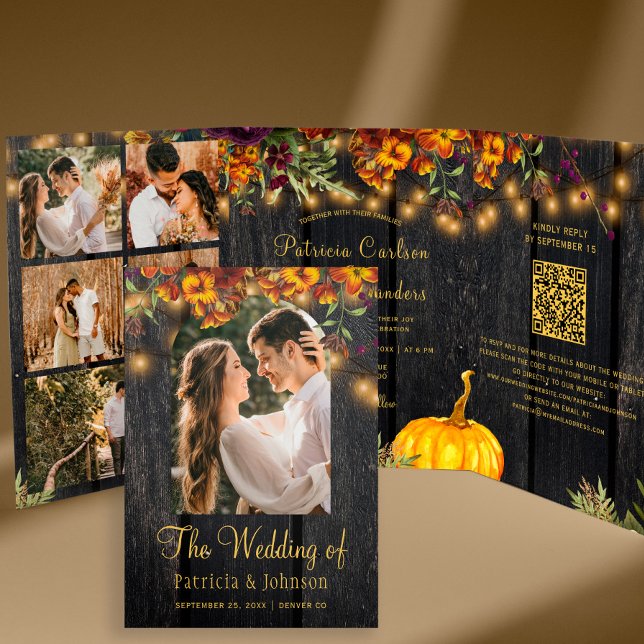 Autumn fall floral photo collage QR RSVP wedding Tri-Fold Invitation (Creator Uploaded)