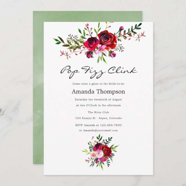 Autumn - Fall Floral Pop Fizz Clink Bridal Shower Invitation (Front/Back)