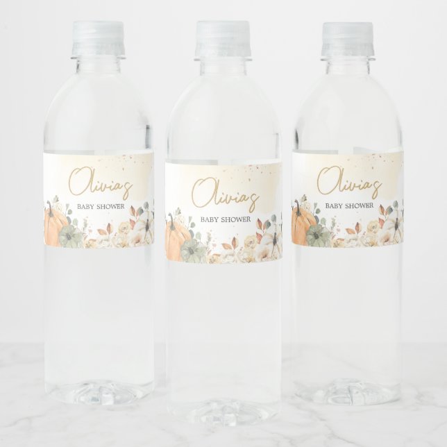 Autumn Fall Floral Pumpkin Baby Shower Water Bottle Label (Bottles)