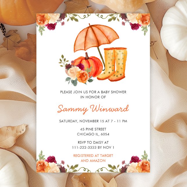 Autumn Fall Floral Pumpkins Boots Baby Shower Invitation (Creator Uploaded)