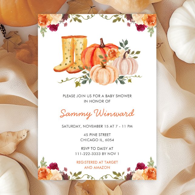 Autumn Fall Floral Pumpkins Boots Baby Shower Invitation (Creator Uploaded)
