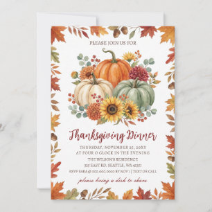 Autumn Fall Floral Pumpkins Thanksgiving Dinner Invitation