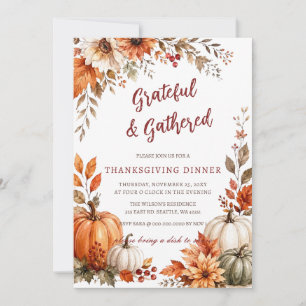 Autumn Fall Floral Pumpkins Thanksgiving Dinner Invitation