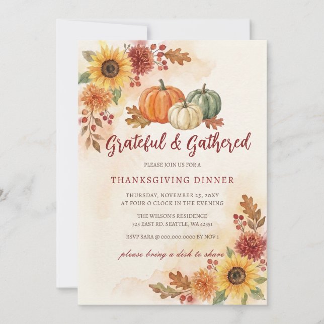 Autumn Fall Floral Pumpkins Thanksgiving Dinner Invitation (Front)