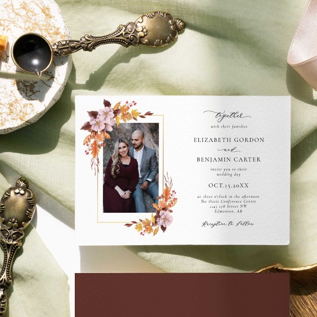 Autumn Fall Floral Wedding Elegant Foliage Photo Invitation (Creator Uploaded)