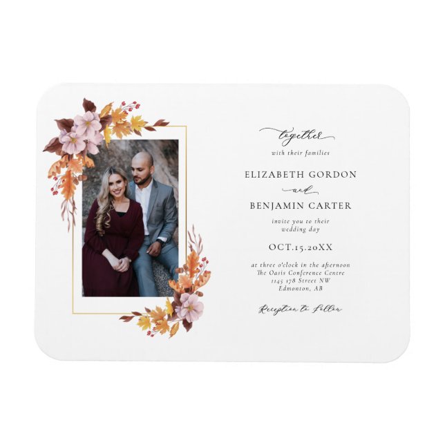 Autumn Fall Floral Wedding Foliage Script Photo Magnet (Horizontal)