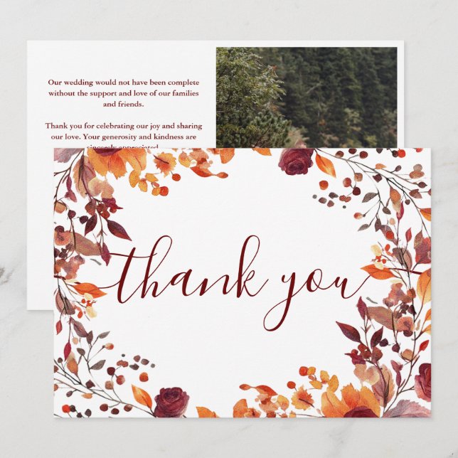 Autumn Fall Floral Wedding Photo Script Thank You Card (Front/Back)
