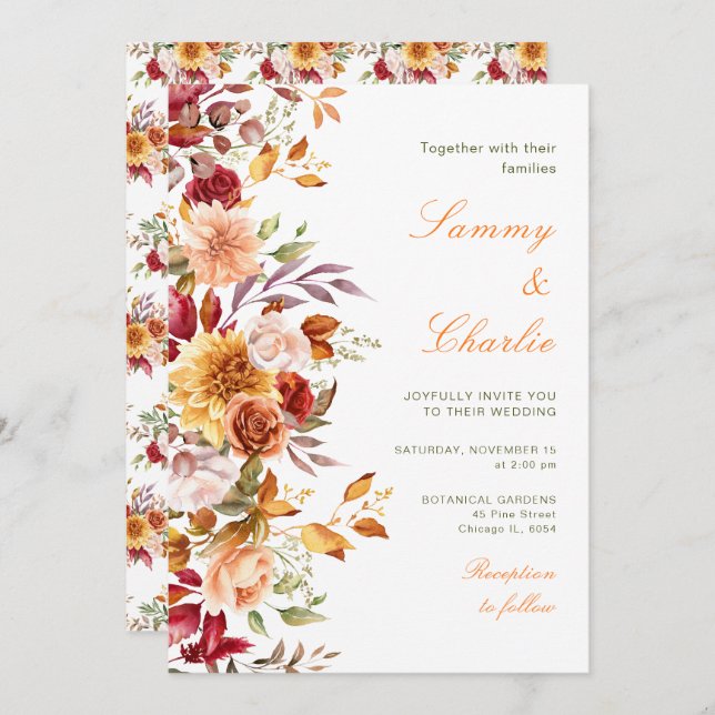 Autumn Fall Flowers and Foliage Wedding Invitation (Front/Back)