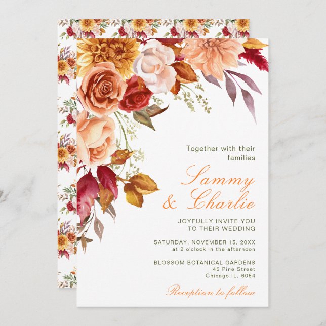 Autumn Fall Flowers and Foliage Wedding Invitation (Front/Back)