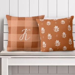 Autumn Fall Foliage Custom Monogram & Orange Plaid Cushion