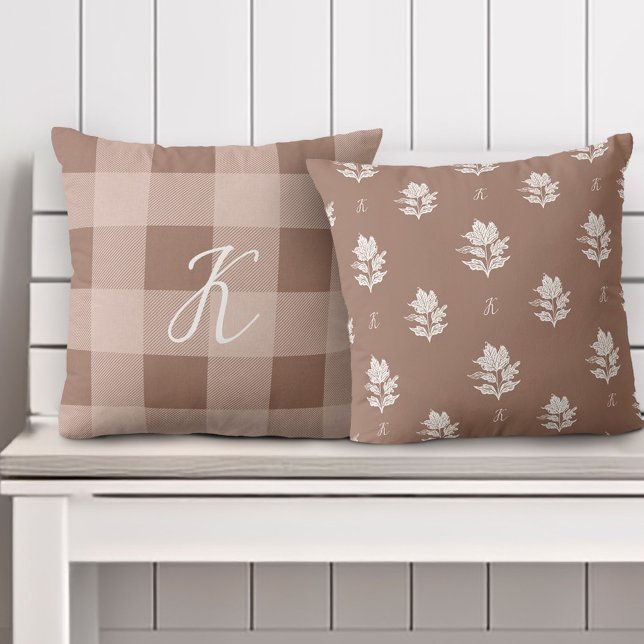 Autumn Fall Foliage Custom Monogram & Taupe Plaid  Cushion (Autumn Fall Foliage Custom Monogram & Taupe Plaid Throw Pillow)