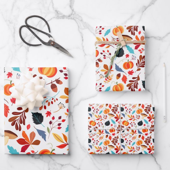 Autumn Fall Foliage Pumpkin Halloween Theme Wrapping Paper Sheet (Front)
