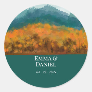 Autumn Fall Forest Trees Blue Mountain Watercolor Classic Round Sticker