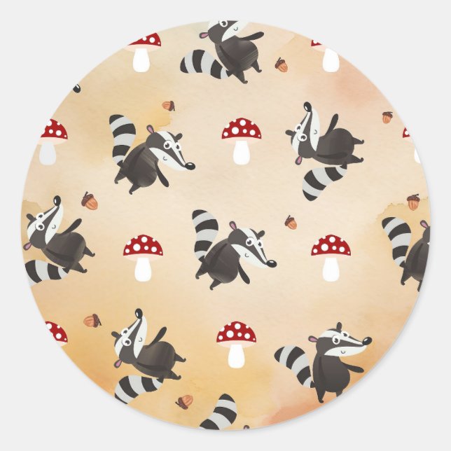 Autumn Fall Funny Cute Badger Toadstools Classic Round Sticker (Front)