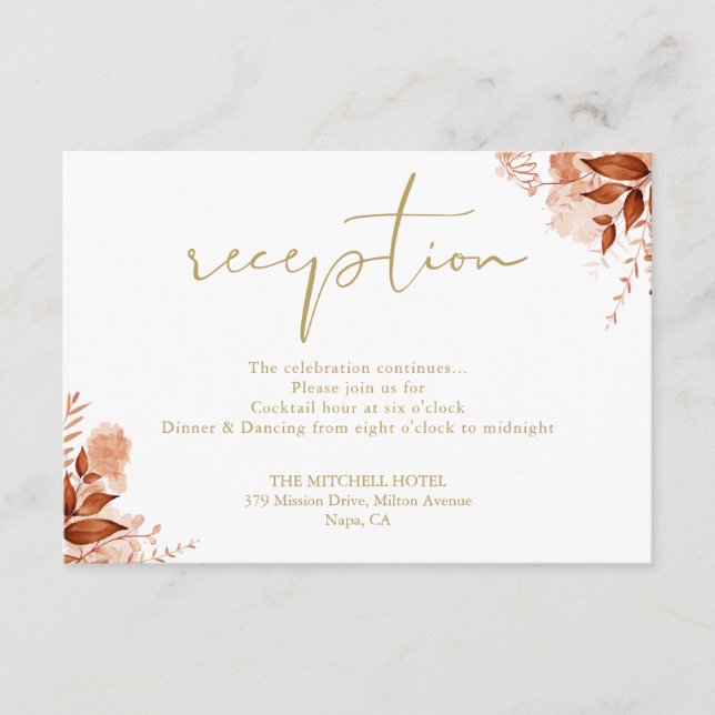 Autumn Fall Gold Script Wedding Reception Enclosure Card (Front)