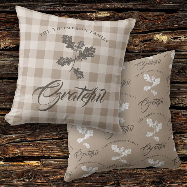 Autumn Fall Gratitude Family Name Taupe Plaid Cushion (Autumn Fall Gratitude Family Name Taupe Plaid )