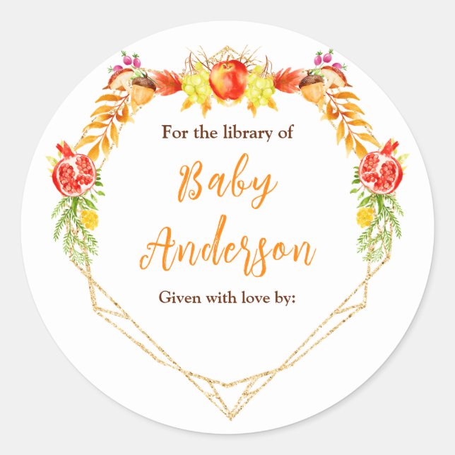 Autumn Fall Harvest Baby Shower Bookplate Classic Round Sticker (Front)