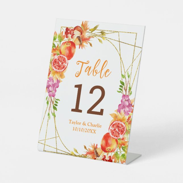 Autumn Fall Harvest Wedding Table Number Pedestal Sign (Front)